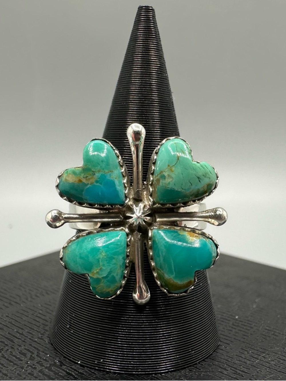 Four Turquoise Hearts Sterling Silver 925 Cluster Ring Adjustable Handmade